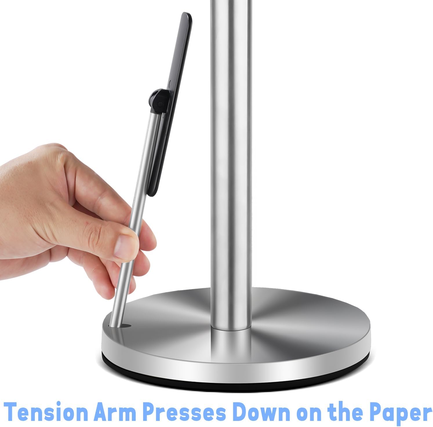 DAWNER Standing Paper Towel Holder with Spray Bottle, Weighted Base with Suction Cups, Paper Towel Stand with Spring-Loaded Arm for Kitchen, Countertop, Stainless Steel Brushed Nickel Finish